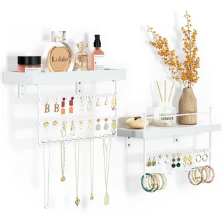 Lolalet 2 Stück hängend Schmuck Organizer Kettenaufhänger Wand Schmuckhalter, Wandmontierte Schmuckaufbewahrung für Ohrring Ohrstecker Armbänder, 156 Löcher Wandregal Aufhänger mit 20 Haken -Weiß