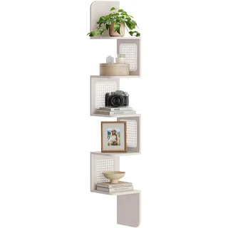 VASAGLE Eckregal 5 Ebenen, Wandregal, Zickzack-Form, platzsparend | Schweberegal, Regal Wandmontage, PVC-Rattan-Seitenplatten, Boho-Stil, haferbeige und wolkenweiß, ELLAN Kollektion LLS582K66