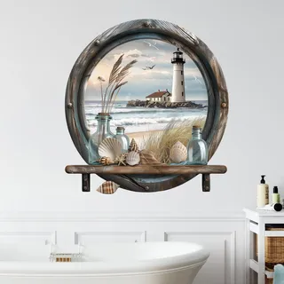 GRAZDesign Wandtattoo maritim Bad Fenster Ozean, Wandaufkleber Badezimmer Flur Schlafzimmer, Folie selbstklebend - 53x50cm / mehrfarbig