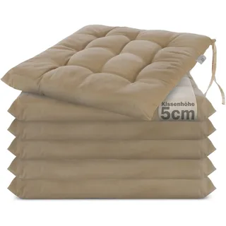 Brandsseller 6er Set Stuhlkissen 40x40x5 cm Sitzkissen Polster Stuhlauflage mit Haltebändern Dekokissen für Indoor Outdoor gesteppt - Taupe