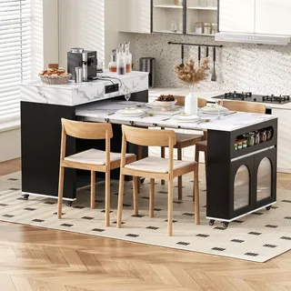 Merax Kücheninsel mit Rollen, Ausziehbarer Esstisch, Servierwagen, Mobil Sideboard mit Steckdosen, mit Schubladen und Stauraum, Schwarz + Weiß - Schwarz