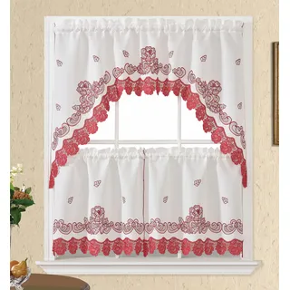 GOHD Spitzen-Küchenvorhänge, Rosarium, 3-teiliges Küchenvorhänge-Set und Volants, eleganter weißer Stoff mit Rosen-Stickerei und Spitze. Rot, Girlande und 55,9 cm Etagen-Set