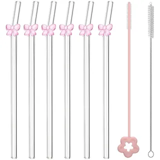 AuraFusion Glasstrohhalme mit Motiv – 6 Stück Rosa Schleifen Strohhalme + 2 Reinigungsbürsten, Wiederverwendbare Strohhalme Gläsern für Party & Alltag