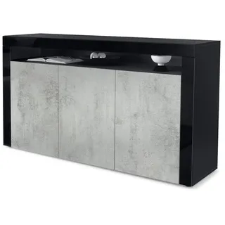 Vladon Sideboard Valencia Beton Oxid Optik/ Schwarz Hochglanz , Holzwerkstoff , 155x92x40 cm , Kleinmöbel, Kommoden, Sideboards