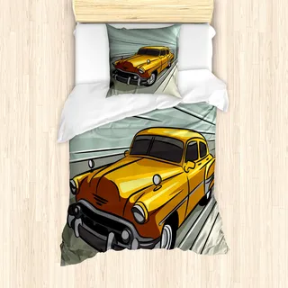 ABAKUHAUS Autos Mantele, Yellow Fahrzeug Speeding, Milbensicher Allergiker geeignet mit Kissenbezügen, 135 cm x 200 cm - 80 x 80 cm, Reseda Grün Gelb Grau - Grün
