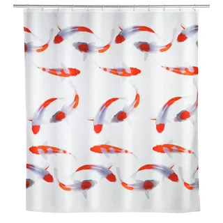 WENKO Duschvorhang Nagoya, 180 x 200 cm, Vorhang aus 100% Polyester mit Metallösen & Gummi-Gewichtsband für Dusche und Badewanne, wasserabweisend & waschbar, inkl. 12 weißen Duschvorhangringen