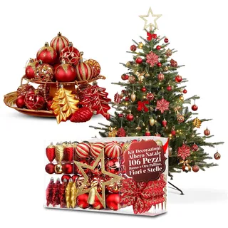 Avilia 106-teiliges Weihnachtsbaum-Dekorationsset in Rot und Gold mit bruchsicheren Kugeln, Blumen und Sternen für passende Weihnachtsdekorationen, einfach aufzuhängen und wiederzuverwenden