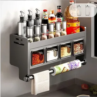 SSYYGET Gewürzregal Wand mit Gewürzbox & Küchenrollenhalter, Edelstahl Gewürzregal ohne bohren, Küchenregal Hängend mit Löffel, Verbreiterung der Arbeitsplatte, Wandregal Küche, Gewürz Organizer