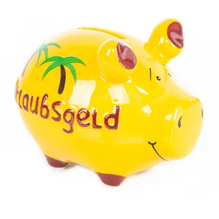 Logbuch-Verlag Sparschwein Urlaubsgeld gelb Urlaub Palmen Reisekasse Spardose Geld Geschenk Verpackung Geburtstag 12,5 cm Ostergeschenk