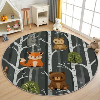 AevuCub Waldtiere Kinder Teppich Rund 160 Kurzflor - Waschbare Teppiche Wohnzimmer Fuchs Bär Hase Wald - Runder Teppich 160 Durchmesser Kinderzimmer - Bettvorleger Schlafzimmer rutschfest Weich