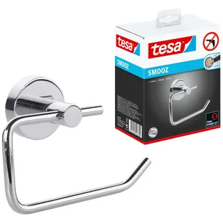 Tesa SMOOZ Toilettenpapierhalter, verchromt - WC-Rollenhalter zur Wandbefestigung ohne Bohren, inkl. Klebelösung - 140mm x 100mm x 50mm
