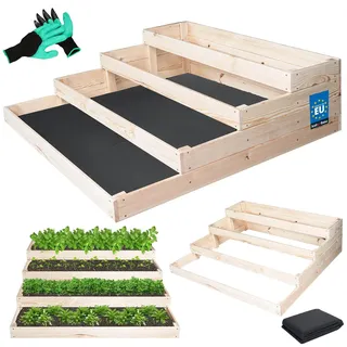KOTARBAU® Treppen Hochbeet für Garten - 120 x 120 x 36 cm - Stufenbeet mit 4 Etagen - Pflanzkasten + Handschuhe mit Krallen + Unkrautvlies - Kräuterbeet - Blumenkasten aus Kiefernholz - Natürlich