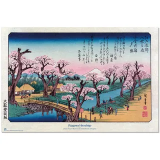 Grupo Erik Poster Kunstdruck Cherry Trees in Bloom on the Embankment at Koganei Utagawa Hiroshige Poster - Deko Wohnzimmer oder Deko Schlafzimmer - Deko Zimmer Größe 61 x 91 cm