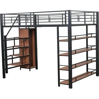 okwish Hochbett 140x200cm mit Treppe Stauraum und Kleiderschrank Jugendzimmer Schwarz ohne Matratze