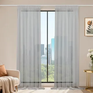 Runyéla Stores Gardinen mit Kräuselband 2er Set, Voile Schiebegardinen 260 x 140 (HxB), Transparent Gardine, Vorhang Grau, Vorhänge für Wohnzimmer Schlafzimmer Sheer Curtain