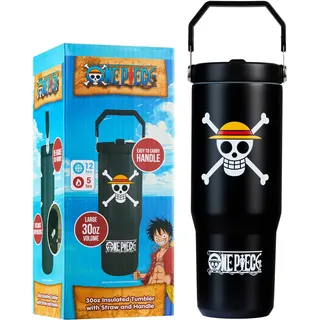 Get Trend One Piece Thermobecher Edelstahl 850ml, Isolierter Trinkbecher mit Strohhalm & Henkel, Auslaufsicher Trinkflasche, Heiß- & Kaltgetränke (Schwarz One Piece)