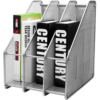 EXERZ Zeitschriftensammler/Gitter Metall Dreifach Schreibtisch Ordner Halter - 3 Unterteilungen Dokumente A4 / Aufbewahrung Ordner/Schnellhefter/Organisator/Stehsammler Buchstütze (Silber)