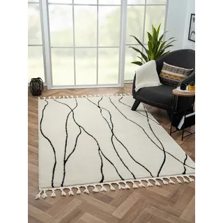 Myflair Hochflor-Teppich "Moroccan Handwrite", schwarz-weiß (weiß, schwarz), B:160cm H:24mm L:230cm, Polyester, Polypropylen (PP), MYFLAIR MÖBEL & ACCESSOIRES, Teppiche, Fransenteppich, modern, marokkanisches Design, flauschig weich, mit Fransen