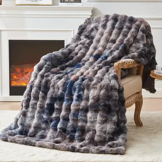 EMME Bubble Decke Kuscheldecke 150 x 200 – Kaninchenfell, Batik Flauschig | Tie-Dye Grau Flauschig Felldecke Sofa Bett Cozy Plüsch Faux Wohndecke Warm Weich Kuschelig