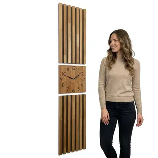 Wanduhr groß Moderne Eichenholz Aufhängepaneel Lamellen 155x30cm ohne tickgeräusche modern holz eiche holzoptik wohnzimmer - Braun, Schwarz