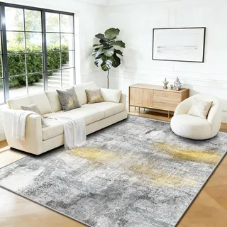 WQMMD Waschbarer Teppich Wohnzimmer 120x180cm Kurzflor rutschfest Teppich Weiß-Hellgrau mit Gold Abstrakt Modern Waschbar in Waschmaschine für Esszimmer, Schlafzimmer,Küche,Büro Dekor,Apartment