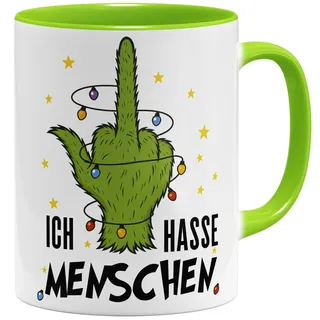 OM3® lustige Anti Weihnachten Kaffee-Tasse mit Spruch - Ich hasse Menschen - Keramik Becher - 325ml - Beidseitig Bedruckt - Hellgrün
