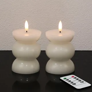Eldnacele Weiße Flammenlose Skulpturkerzen mit Fernbedienung und Timer, 2er-Pack Totempfahl Flackernde Echtwachskerzen, Realistische LED-Batteriekerzen, Ø 7,5 cm x H 10 cm für Zimmer Tischdekoration