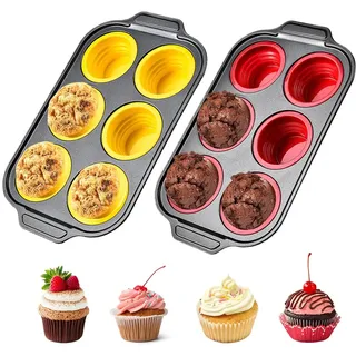 FOGARI Muffinform Silikon, Mini Muffins Backform, Muffinblech 40 x 27 cm - BPA-frei, hitzebeständig von -40°C bis 230°C, faltbar für platzsparende Aufbewahrung und einfache Reinigung(Rot and Gelb)
