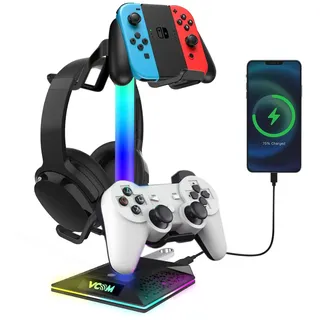 VCOM Gaming Kopfhörer Ständer mit RGB Beleuchtung, Gaming Zubehör Headset Halterung mit 2 USB Ports, Universaler kopfhörerständer für PC-Spieler, Geschenk für Geburtstag, Jungen, Weihnachten