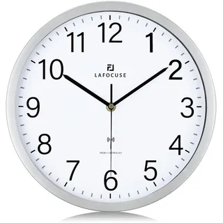 Lafocuse 30cm Wanduhr Funk Ohne Tickgeräusche Modern, Hohe Genauigkeit Funkuhr Einfach zu Lesen, Silber Klassisch Wanduhr für Wohnzimmer Schlafzimmer Büro Küche