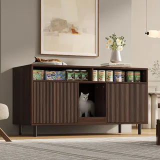 Flieks Sideboard Kommode mit offenen Fächern und Bereich für Katzentoilette, Katzenstreuwanne-Schrank Haustierschrank mit Sandauffangmatte, Nussbaum - Braun