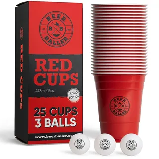 BeerBaller® Logo Red Cups - 25 rote Beer Pong Becher & 3 Bier Pong Bälle | spülmaschinenfest & wiederverwendbar | 473ml - 16oz Partybecher | Bierpong Becher Set | Original American Beerpongbecher