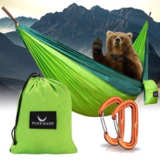 PURE HANG Premium Camping Hängematte Outdoor 2 Personen aus Nylon Fallschirmseide für Reise, Travel, Garten mit Befestigung Aufhänge Set | 300kg Belastung (Naturgrün)