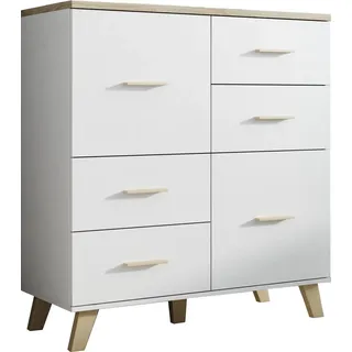 Furniture24 Kommode Lotta, 2 Türiger Wohnzimmerschrank, Schrank, Skandinavisch, Briliant Weiß, Hochschrank, Anrichte, Highboard mit 4 Schubkästen - Weiß
