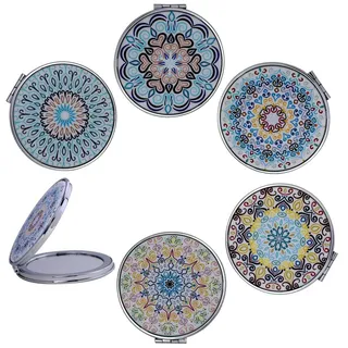 CigyYogy Taschenspiegel Klein Rund Klappbar,Vergrößerungs Kompaktspiegel Doppelseitiger, Kosmetikspiegel mit 2-facher Vergrößerung Geprägte Mandala Designs für Mädchen Frauen Kinder Lady 6er Pack