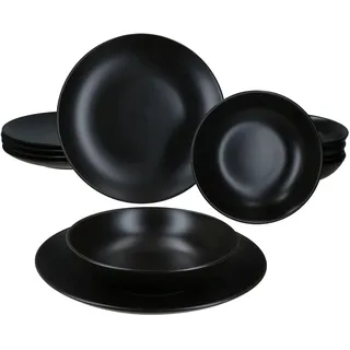 12tlg Tafelservice Panther Steingut 6 Personen Speiseteller Suppenteller 420ml - Schwarz