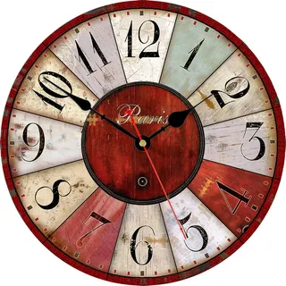 TAHEAT 30 cm Vintage Rot Wanduhr, Uhren im Französischen Pariser Stil, Lautlos Ohne Tickgeräusche Landhausstil Retro Uhren, Holz Wanddekoration für Küche/Wohnzimmer/Schlafzimmer/Büro