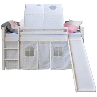 Homestyle4u Hochbett mit Vorhang Rutsche und Tunnel 90 x 200 cm Kiefer massiv lackiert Weiß/Sterne