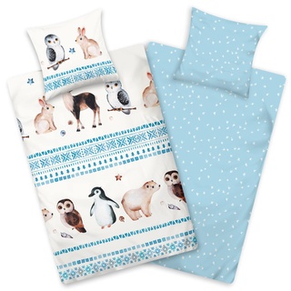 Aminata kids Biber Bettwäsche 135x200 Kinder Tier-Motiv Pinguin Eisbär Eule Baumwolle Reißverschluss, Kinder-Wende-Biber-Bettwäsche-Set Winter-Motiv, warm, weich, Polar-Tiere weiß blau