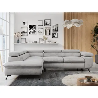 MKS Meble Ecksofa Sofa Grau, Wohnlandschaft L-Form mit Schlaffunktion und Bettkasten, Schlafsofa mit Bettkasten, Sofa mit Einstellbare Kopfstützen, Peter L - Hellgrau Velvet - Links Grau - Grau