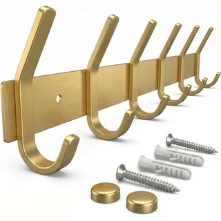 SAYONEYES Wandgarderobe aus gebürstetem Gold mit 6 Doppelhaken zum Aufhängen - 43,2 cm Heavy Duty SUS304 Edelstahl Rustikale Garderobenhaken - Hut, Kleidung, Geldbörse, Handtuch Wandhaken - 1 Packung