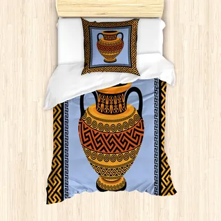 ABAKUHAUS Greek Key Mantele, traditionelle Amphora, Milbensicher Allergiker geeignet mit Kissenbezügen, 135 cm x 200 cm - 80 x 80 cm, Orange Lavendel Schwarz