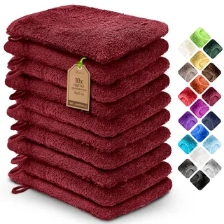 NatureMark 10x Waschhandschuhe aus Frottee 100% Baumwolle – Weich und Robust, Ideal für die tägliche Pflege und Gäste – Bordeaux Rot, 15x21 cm