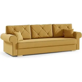 Schlafsofa STAR, Sofa mit Schlaffunktion und Bettkasten, Klappsofa, Schlafcouch mit Füßen aus Naturholz, Veloursstoff, Couch in Frabe: Gelb - Gelb