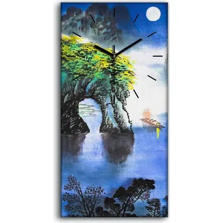 Dekor Leinwand Uhr Wandbilder Geräuschlos 30x60 Chinesische Tinte Boote Kunst - schwarze Hände - Blau