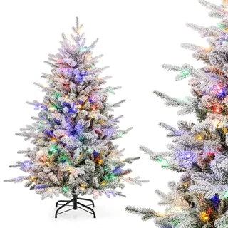 COSTWAY 135cm Künstlicher Weihnachtsbaum, beflockter Tannenbaum mit 160 mehrfarbigen LEDs, 8 Lichtmodi & 436 Zweigspitzen, beleuchteter Christbaum - Grün, Weiß