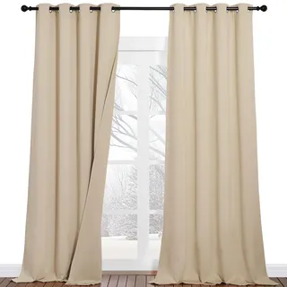 PONY DANCE Soundproof Curtains for Bedroom Dreilagige Blickdichte Vorhänge mit Ösen 2er Set Verdunkelungsvorhang Thermo Gardinen Isolierend Kälte und Wärme, H 260 x B 132cm, Biscotti Beige