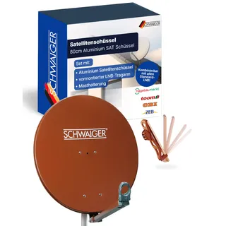 SCHWAIGER Satellitenschüssel I Ø 80 cm Aluminium Offset Antenne in Ziegelrot I Multifeed geeignet & wetterfest I SAT Schüssel mit LNB Tragarm & Masthalterung I maximale Empfangsleistung 38,5dB