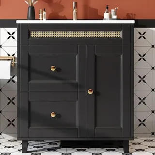 Badezimmerschrank mit Waschbecken, doppelte leise Schubladen, Soft-Close Türen, goldene Griffe, Rattandekor für Vintage-Bad, Waschtisch, freistehend, Schwarz/76x46x86.5cm - Schwarz