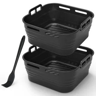 Alyvisun Silikonform für Heißluftfritteuse mit Öl Pinsel, Airfryer Silikonformen Wiederverwendbar Silikon Backform Zubehör Auflaufform Einsatz Mold für Air Fryer, Mikrowelle, 21CM, Schwarz, 2 Stück
